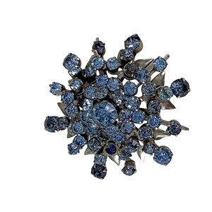 Vintage Mid Century Blue Rhinestone Starburst Brooch Pin Silvertone 1.75"